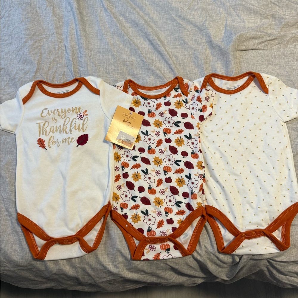 Baby Gear Thankful Floral and Polka Dot Bodysuit Set - White and Orange